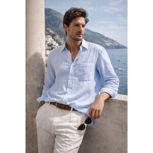 Ermenegildo Zegna Men’s Aerated Cotton Double Voile Button Down Shirt Blue XL